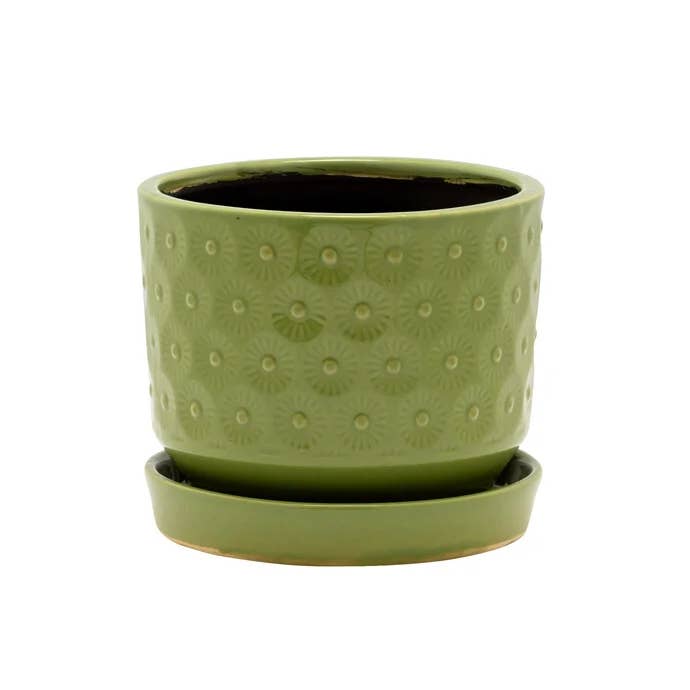 Green Embossed Circle Planter with Saucer