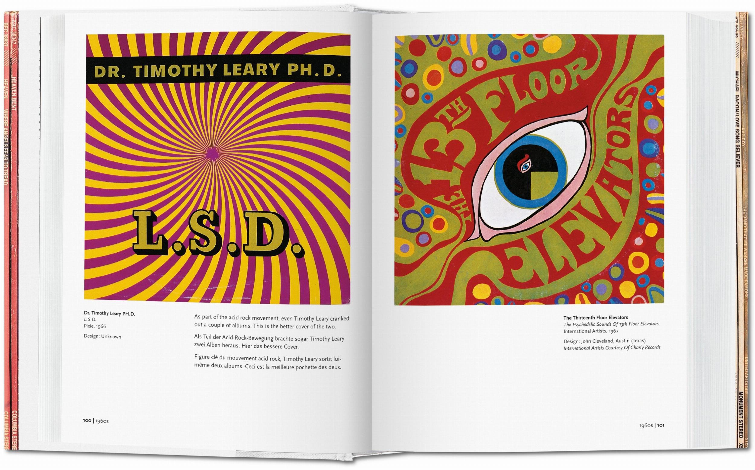 Double-page spread featuring two vinyl albums by Dr. Timothy Leary, and The 13th Floor Elevators