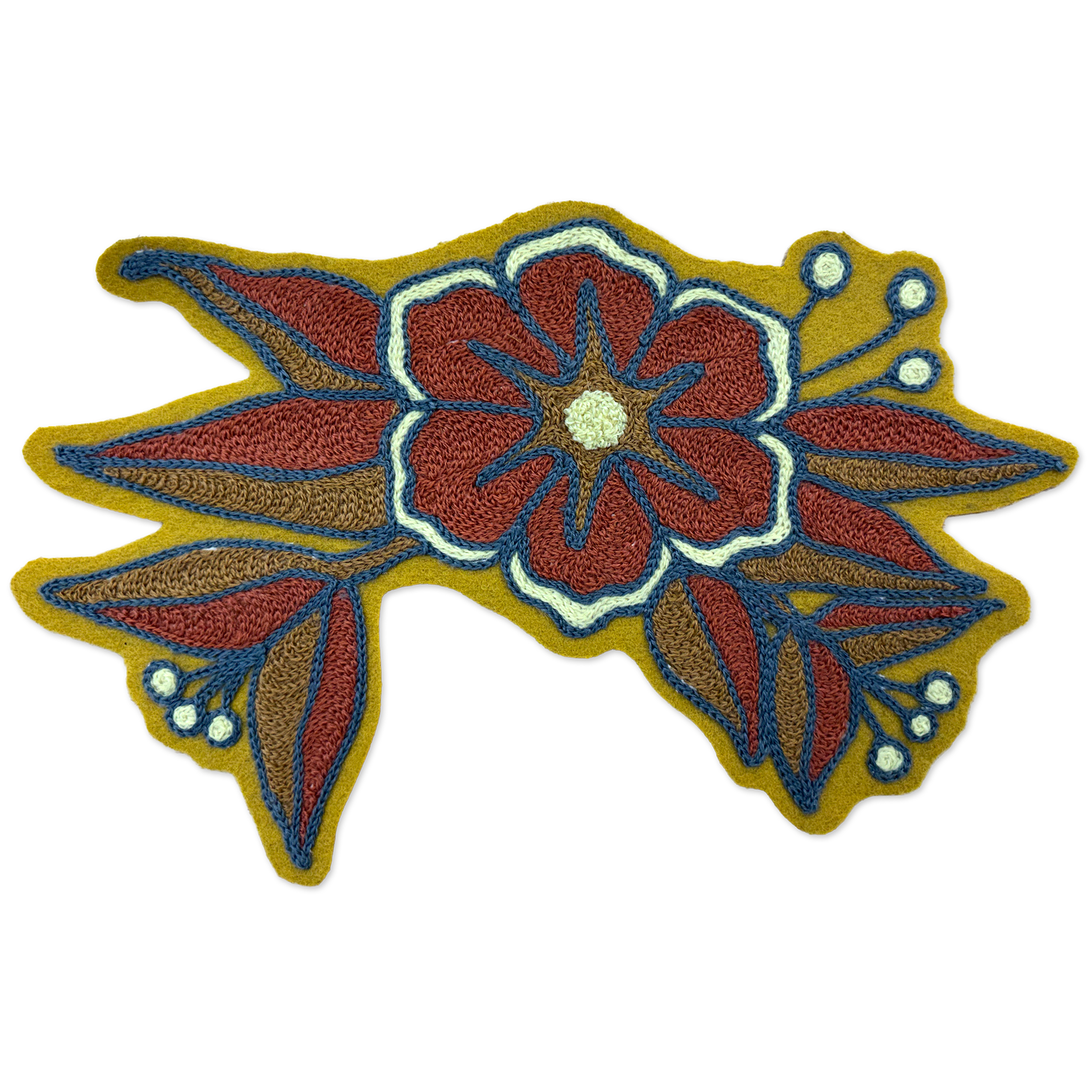 A chainstitch floral patch featuring a large red flower with blue and white outlines, surrounded by red and blue leaves on a mustard yellow background, isolated on a white background.