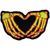 Chainstitch patch of two skeleton hands forming a heart shape