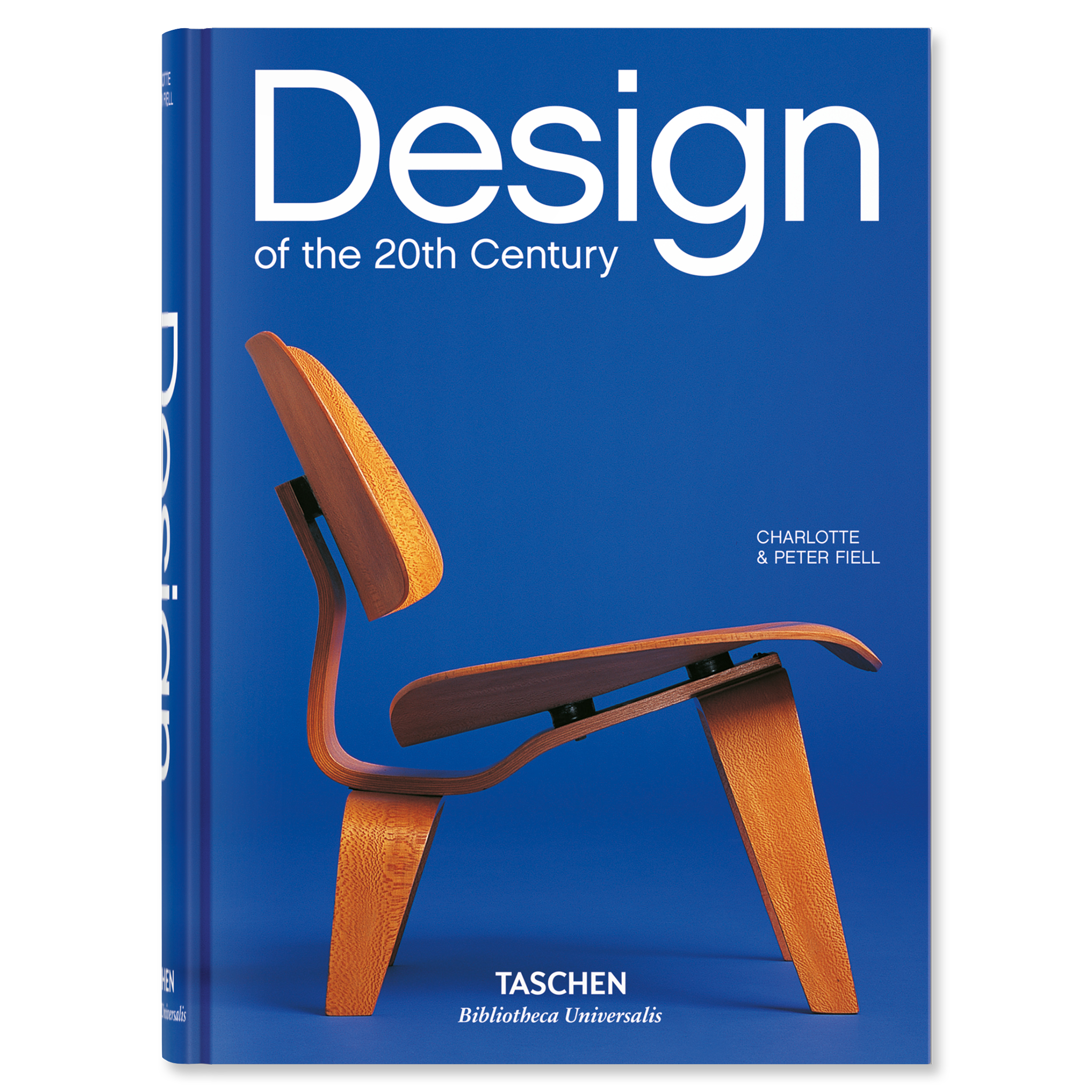 Blue book cover with wooden chair and "Design of the 20th Century" text