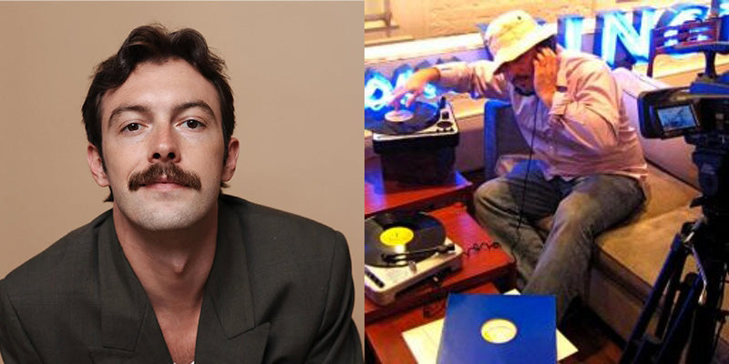 Man with a mustache on the left and a person DJing on the right.