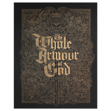 Decorative poster with intricate gold designs and text on a black background