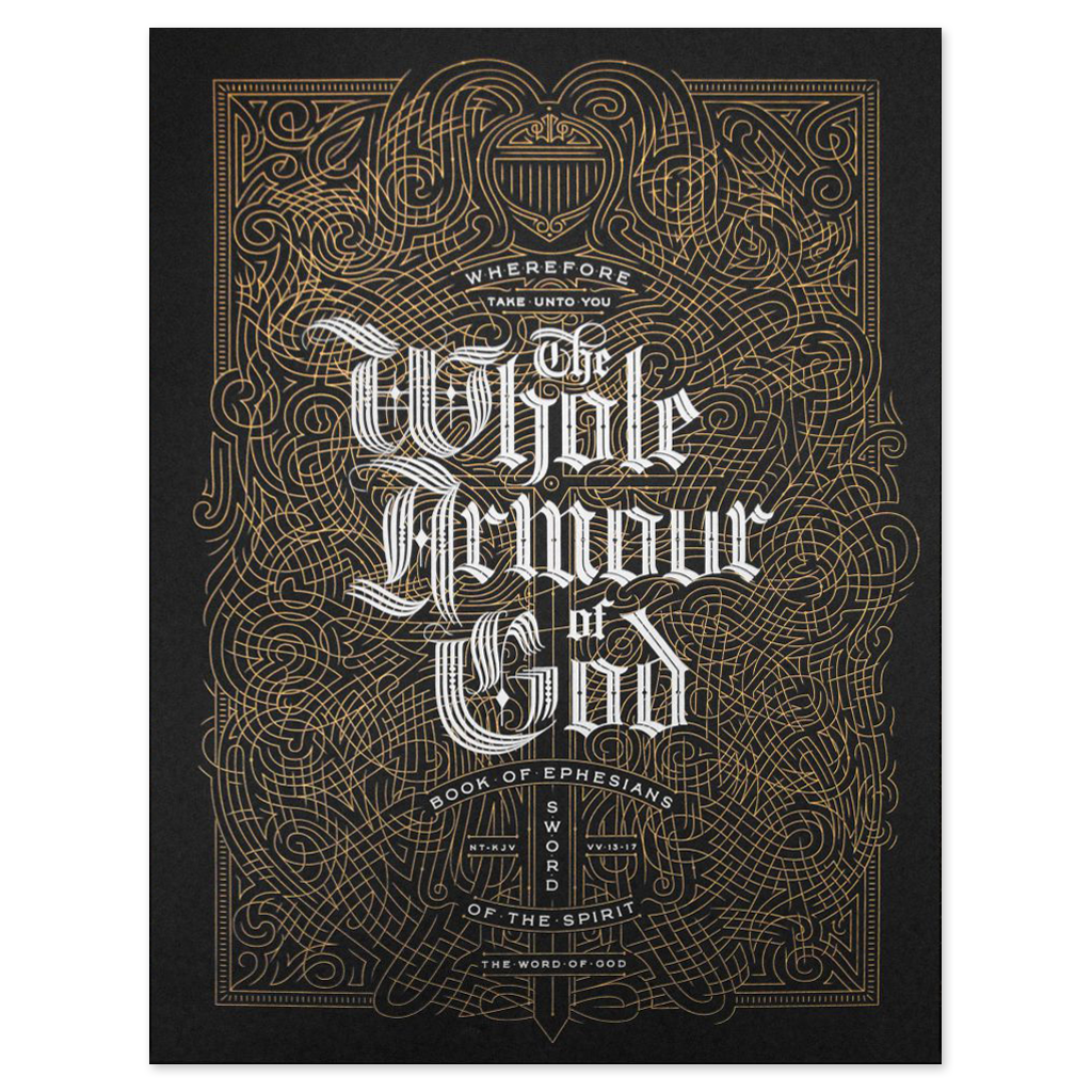 Decorative poster with intricate gold designs and text on a black background