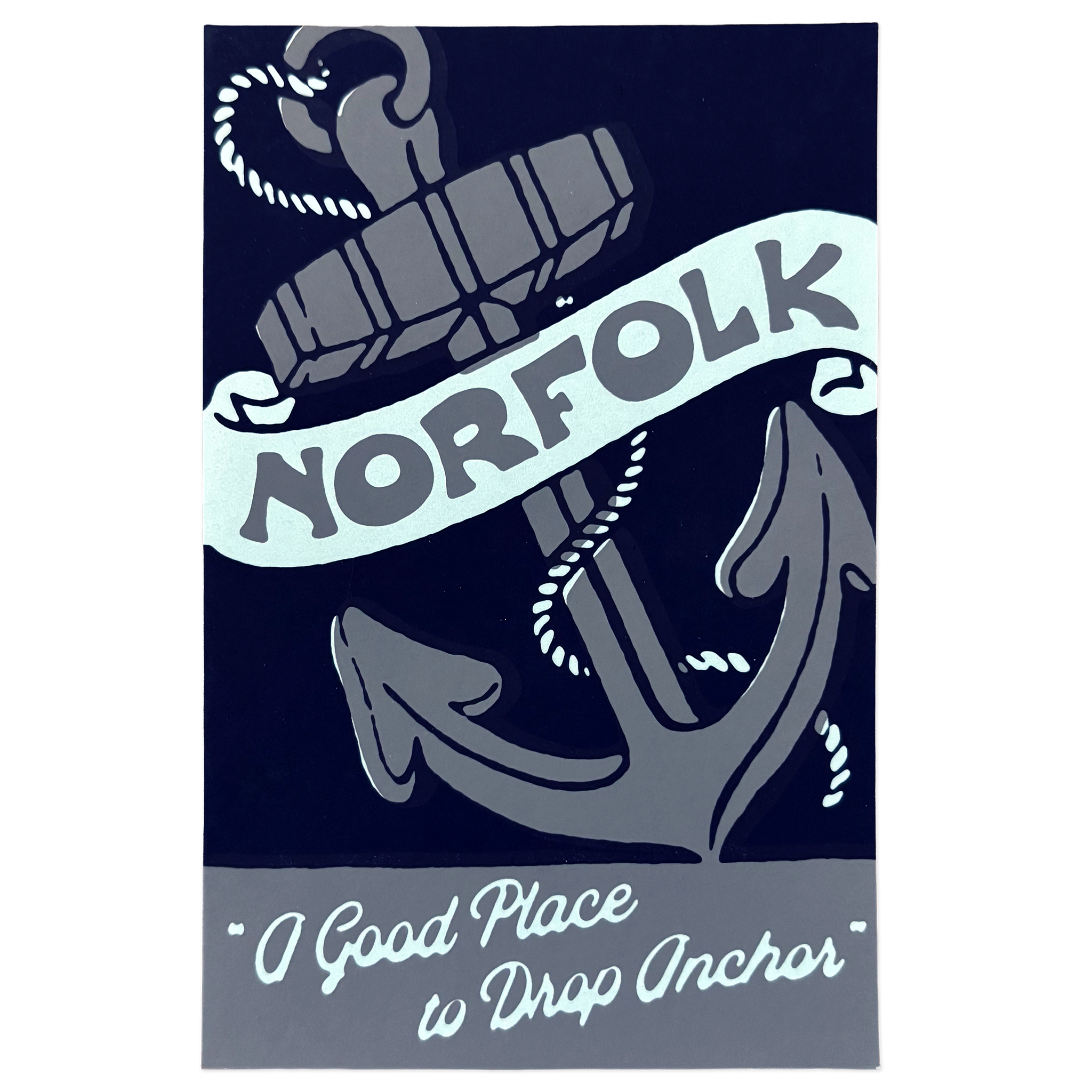 Nautical-themed postcard with anchor and 'Norfolk' text on a dark blue background