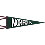 Evergreen pennant with Victorian Rose-colored trim and black and white "Norfolk" printing.