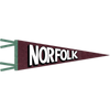 Victorian rose-colored felt pennant with blue spruce trim and black & white "Norfolk" print.
