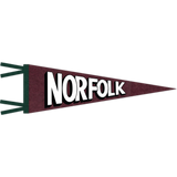 Victorian rose-colored felt pennant with evergreen trim and black & white "Norfolk" print.