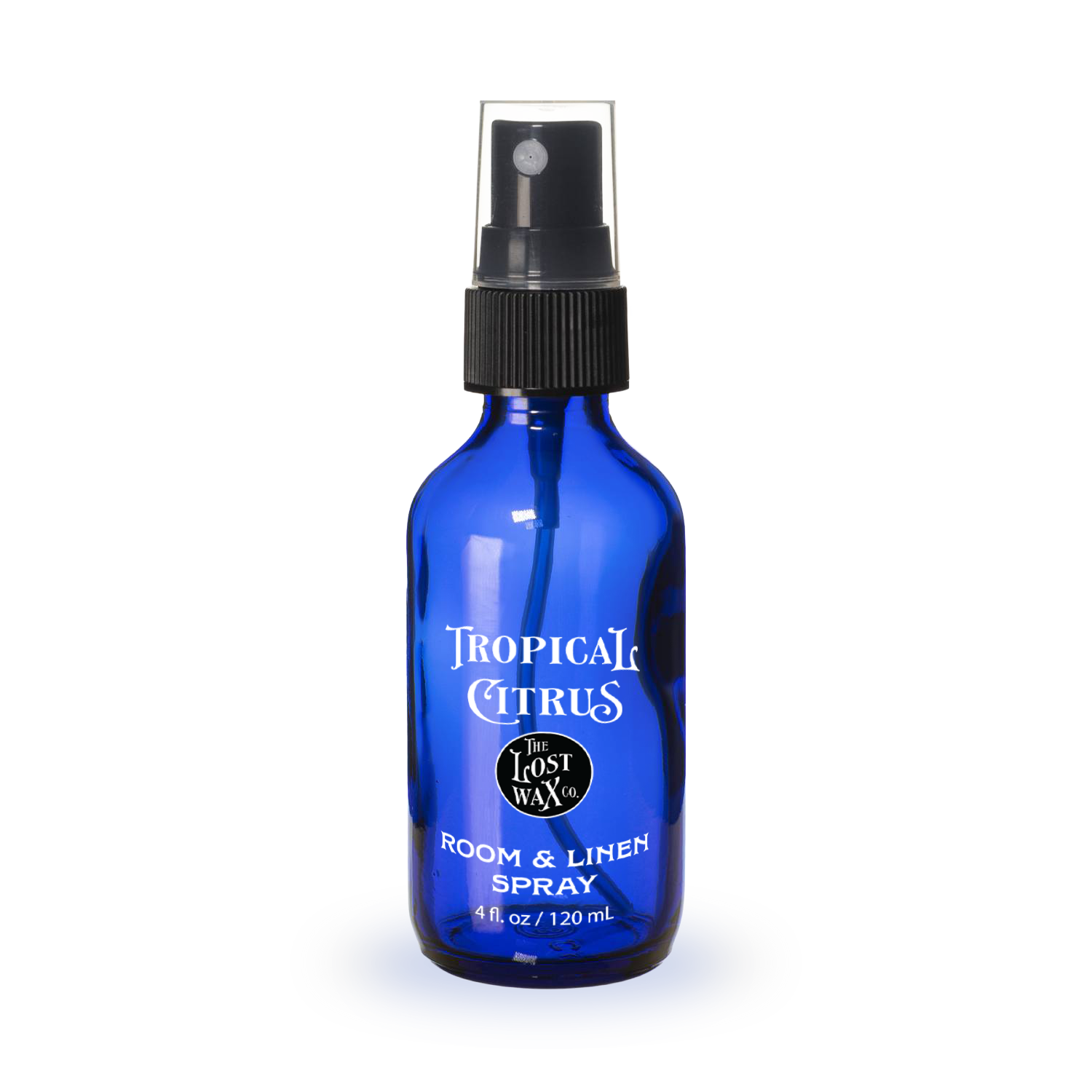 Blue spray bottle labeled 'Tropical Citrus' on a white background