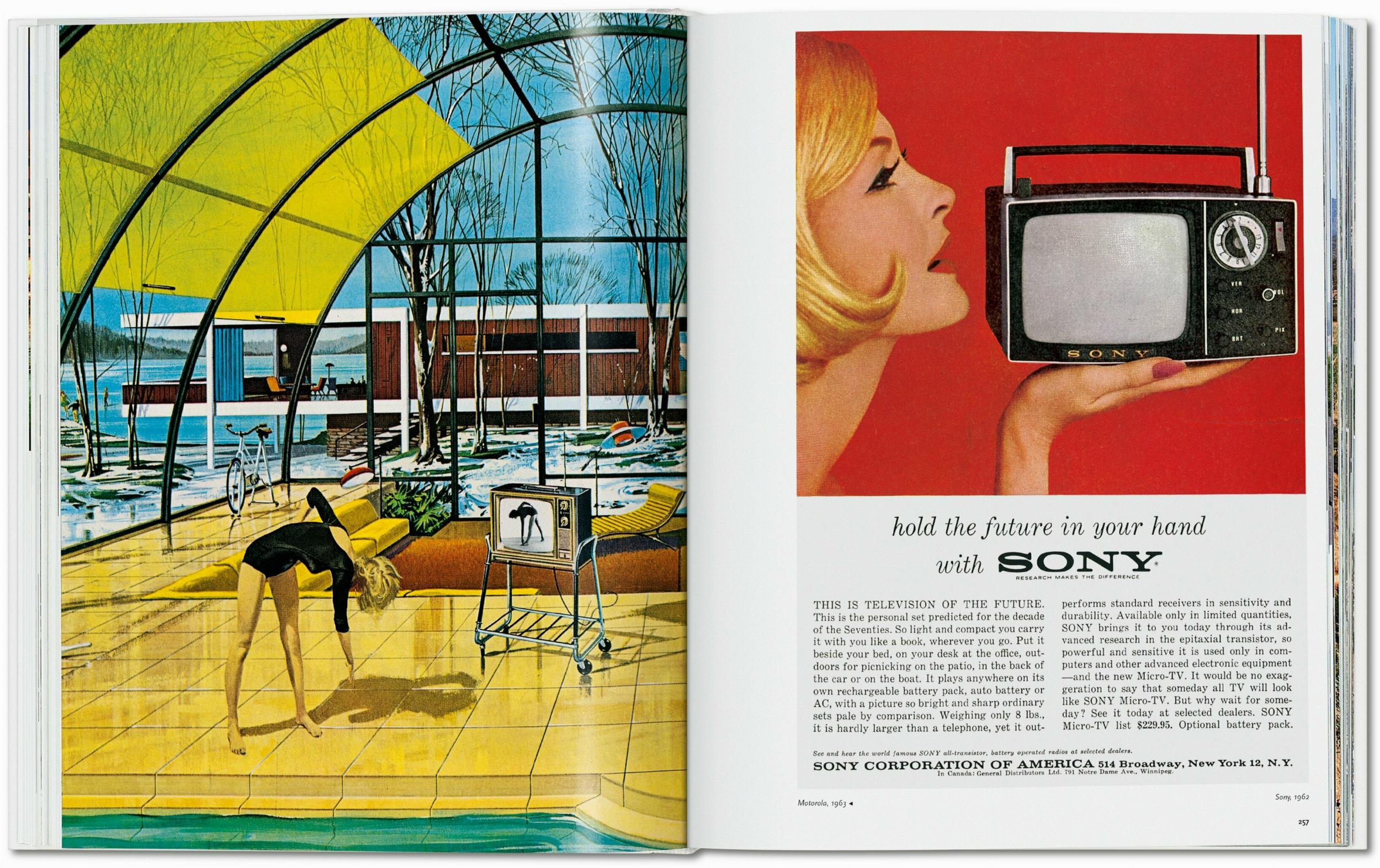 Double-page spread featuring two SONY advertisements from the 1960s.