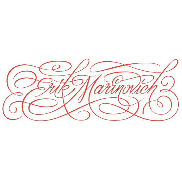 Calligraphic design in red, "Erik Marinovich"