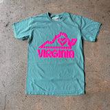 Seafoam t-shirt with hot pink print: outline of Virginia with a heart