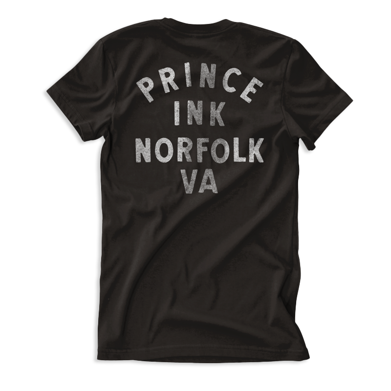 Black tee shirt back with white print "Prince Ink Norfolk VA"
