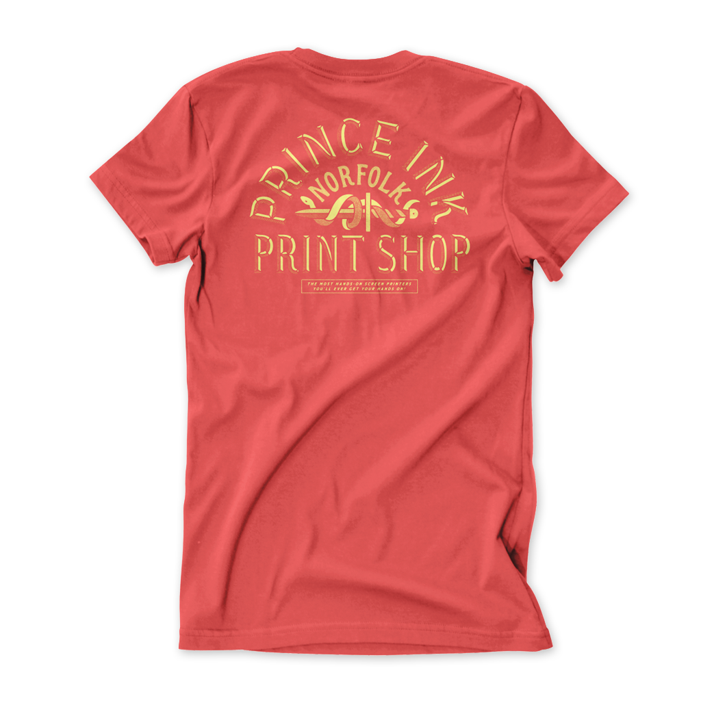 Salmon t-shirt with yellow logo: Prince Ink Print Shop Norfolk