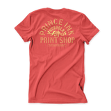Salmon t-shirt with yellow logo: Prince Ink Print Shop Norfolk
