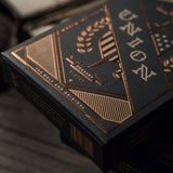 Close up of Union playing cards tuck box with metallic foil detail