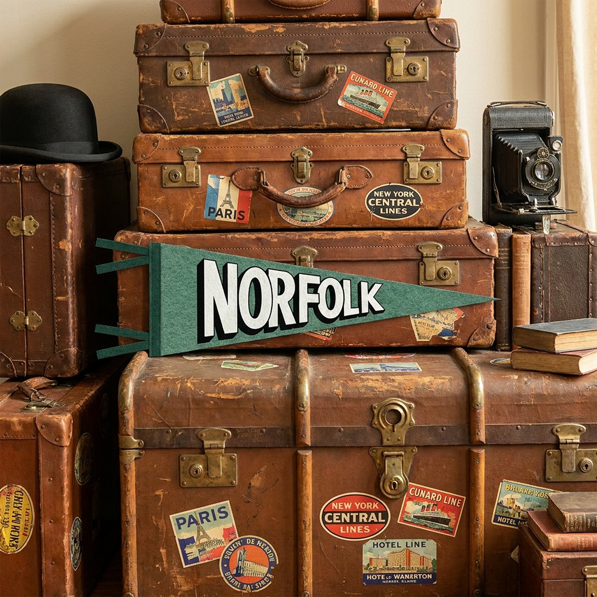 Norfolk Felt Pennant with antique suitcases and trunks