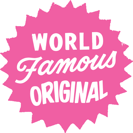 World Famous Original logo - Pink badge with white text