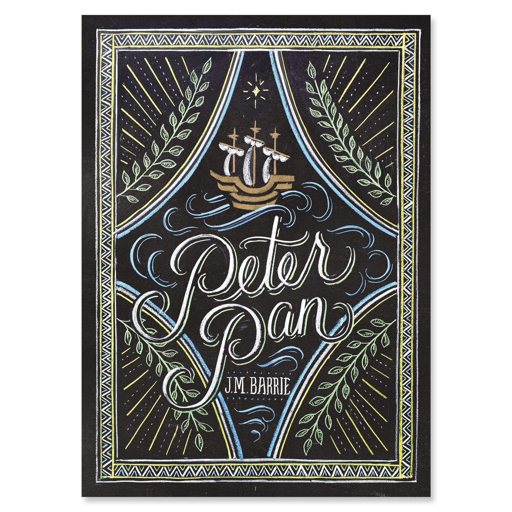 Book cover of 'Peter Pan' by J.M. Barrie with decorative elements and ship illustration.
