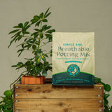 A bag of Circle Soil Breathable Potting Mix stands on a wooden crate next to a potted green plant against a plain beige wall.