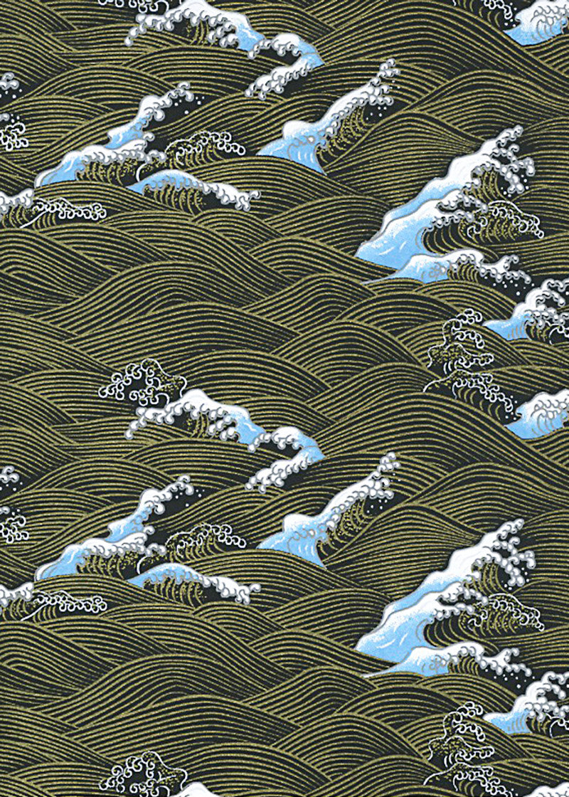 Traditional Japanese wave pattern with white and blue waves on a green background