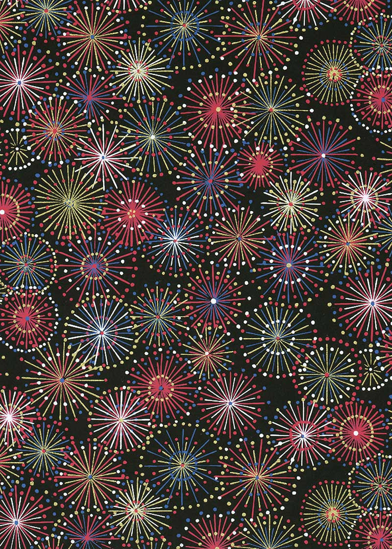Pattern of colorful fireworks on a black background