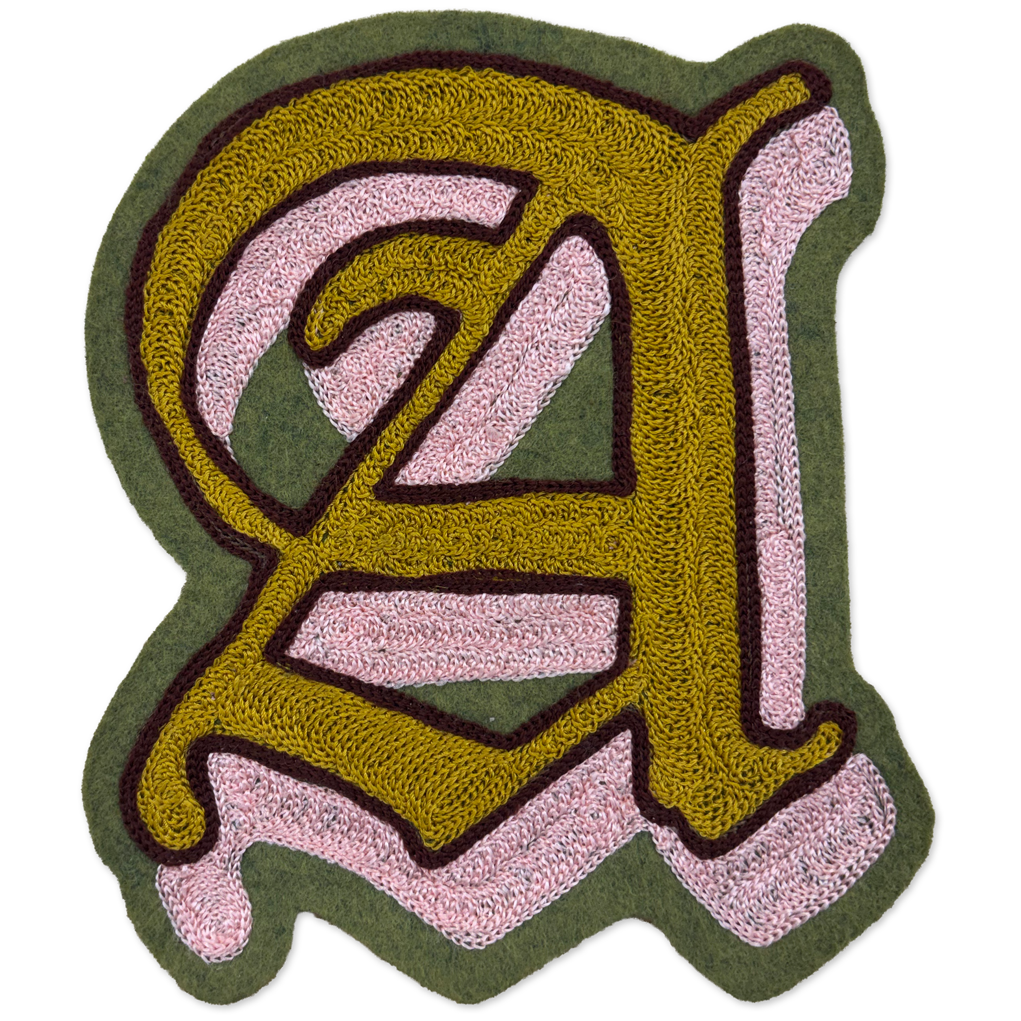 A hand-made chainstitch letter 'A' patch featuring a gold-yellow fill, light pink sections, a dark brown outline, and an olive green outer border, shown on a plain white background.