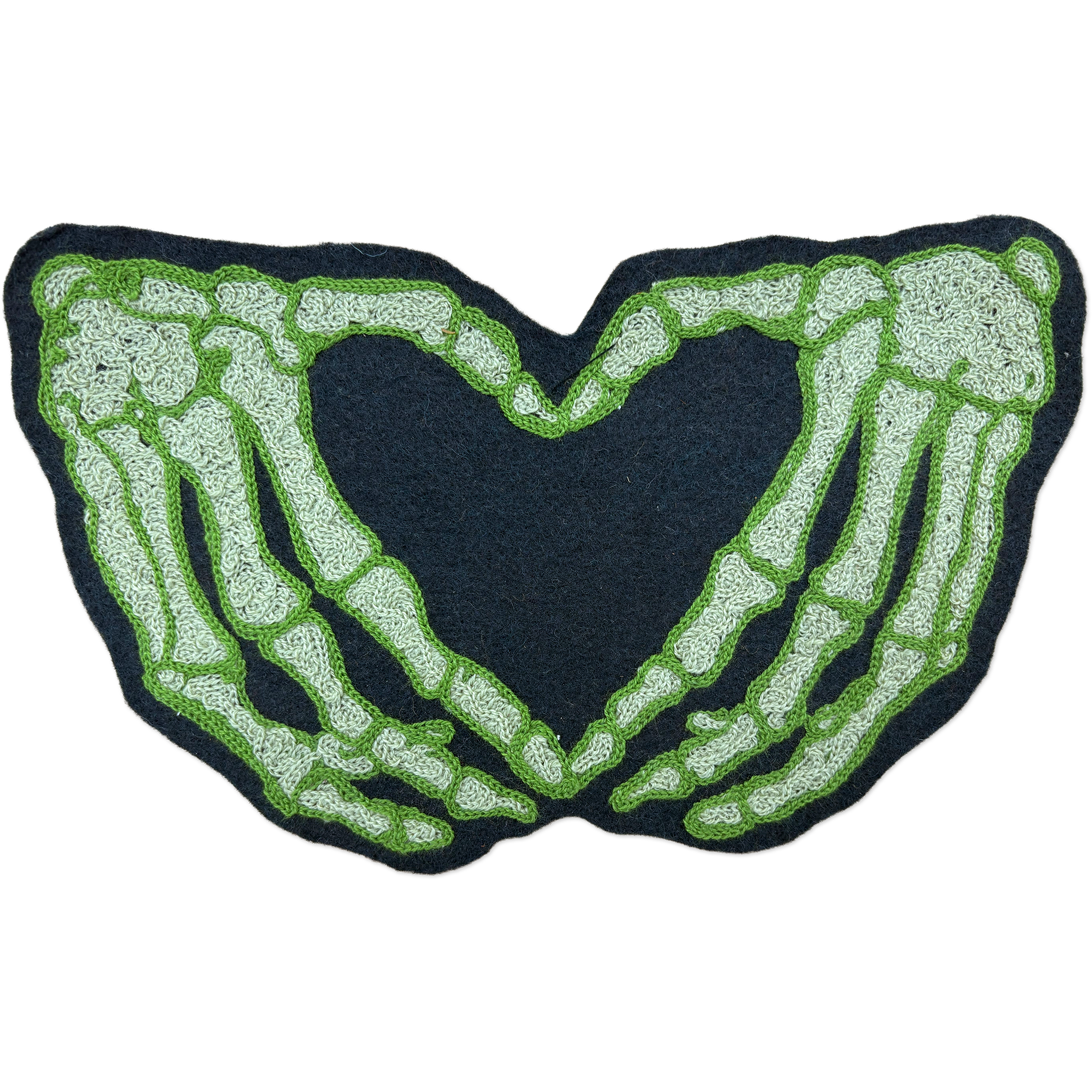 Chainstitch patch depicting two skeleton hands forming a heart shape.