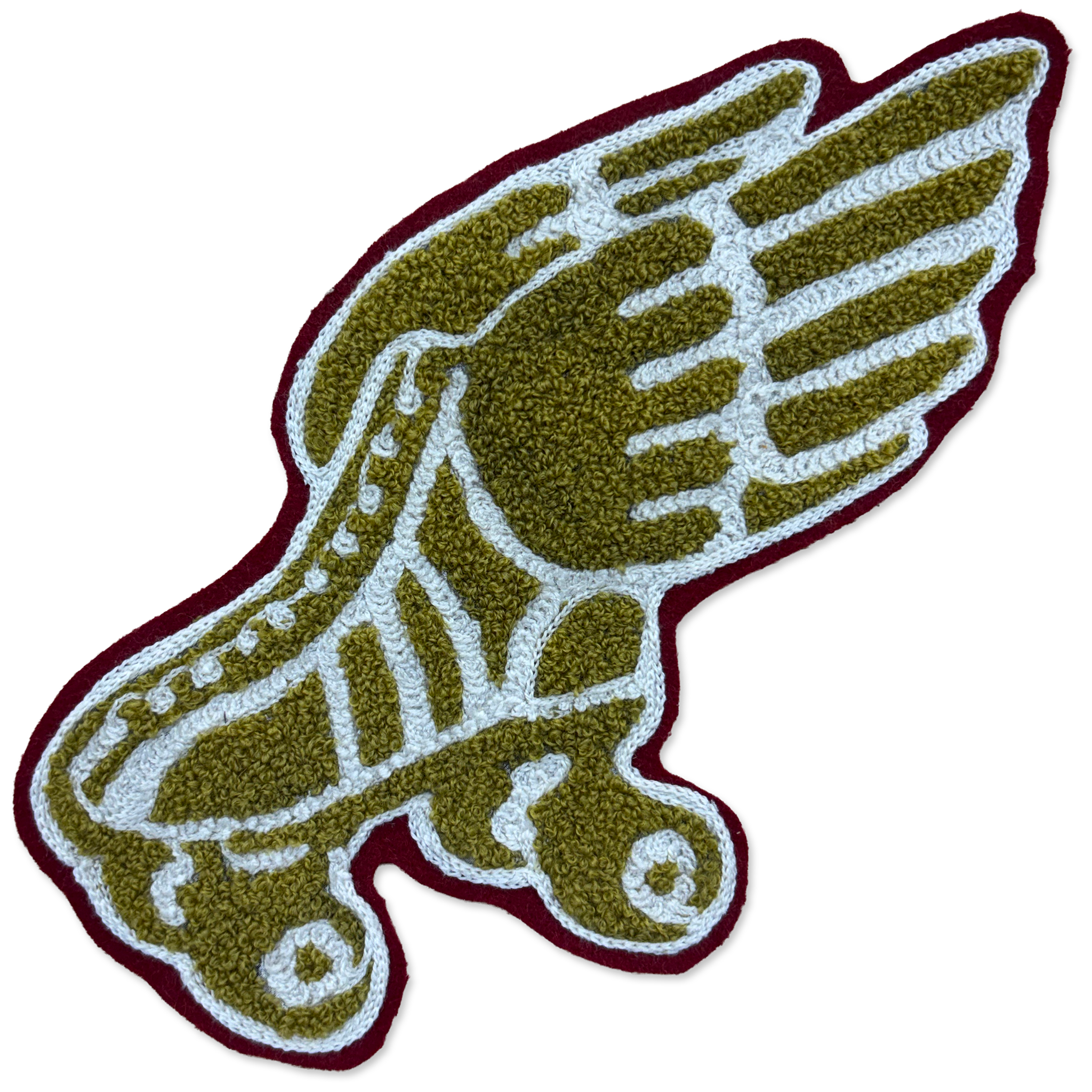 A textured, tufted patch featuring a stylized winged figure in olive green, white, and dark burgundy, isolated on a white background.