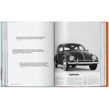 Interior spread showing a vintage magazine advertisement for the Volkswagen Beetle.
