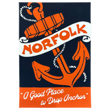 Navy blue and orange postcard with an anchor and text 'Norfolk, A Good Place to Drop Anchor' on a white background.