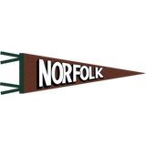 Oakwood brown felt pennant with evergreen trim and black & white "Norfolk" print.