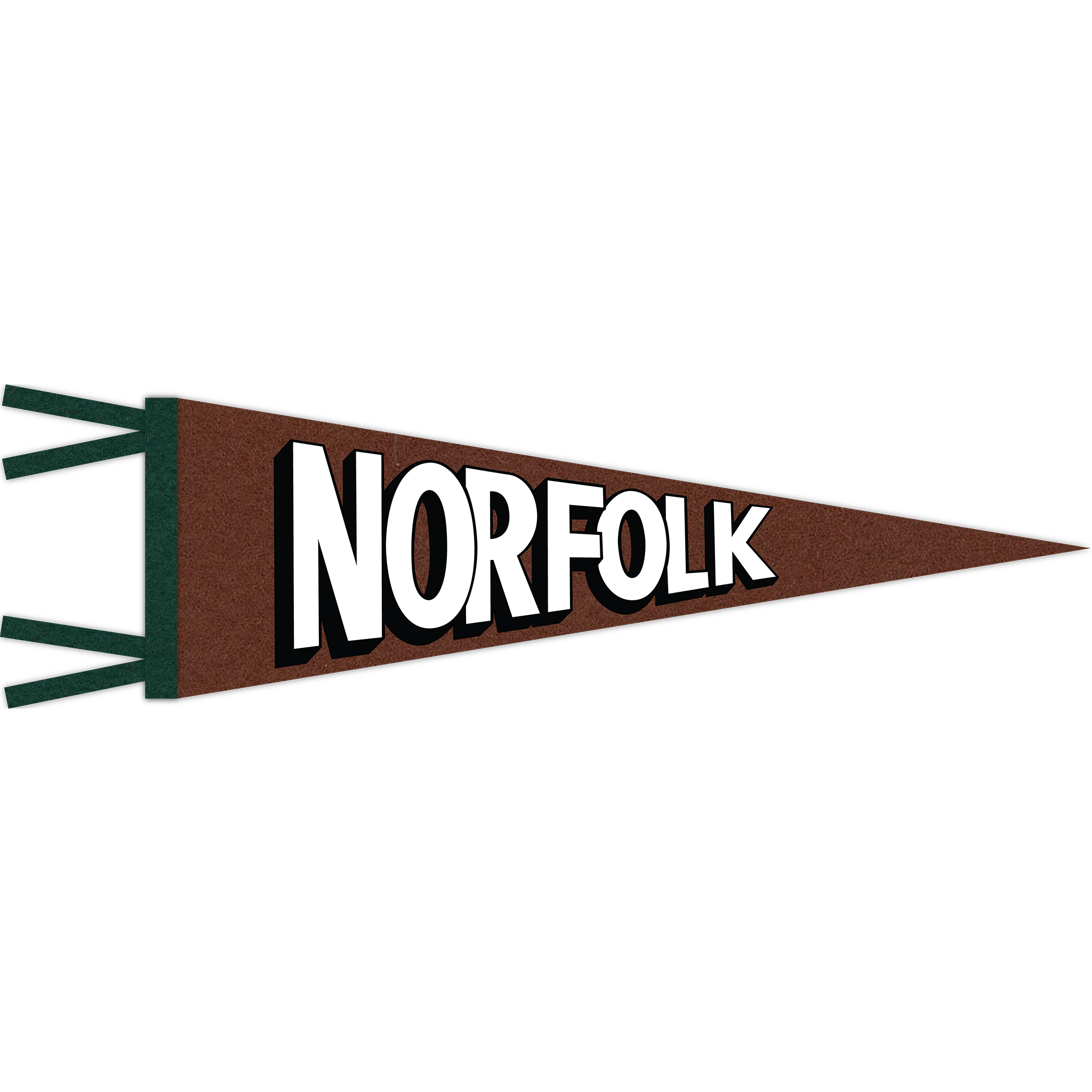 Oakwood brown felt pennant with evergreen trim and black & white "Norfolk" print.