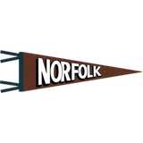Oakwood brown felt pennant with Ragtime blue trim and black & white "Norfolk" print.