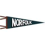 Ragtime blue felt pennant with Oakwood brown trim and black & white "Norfolk" print.