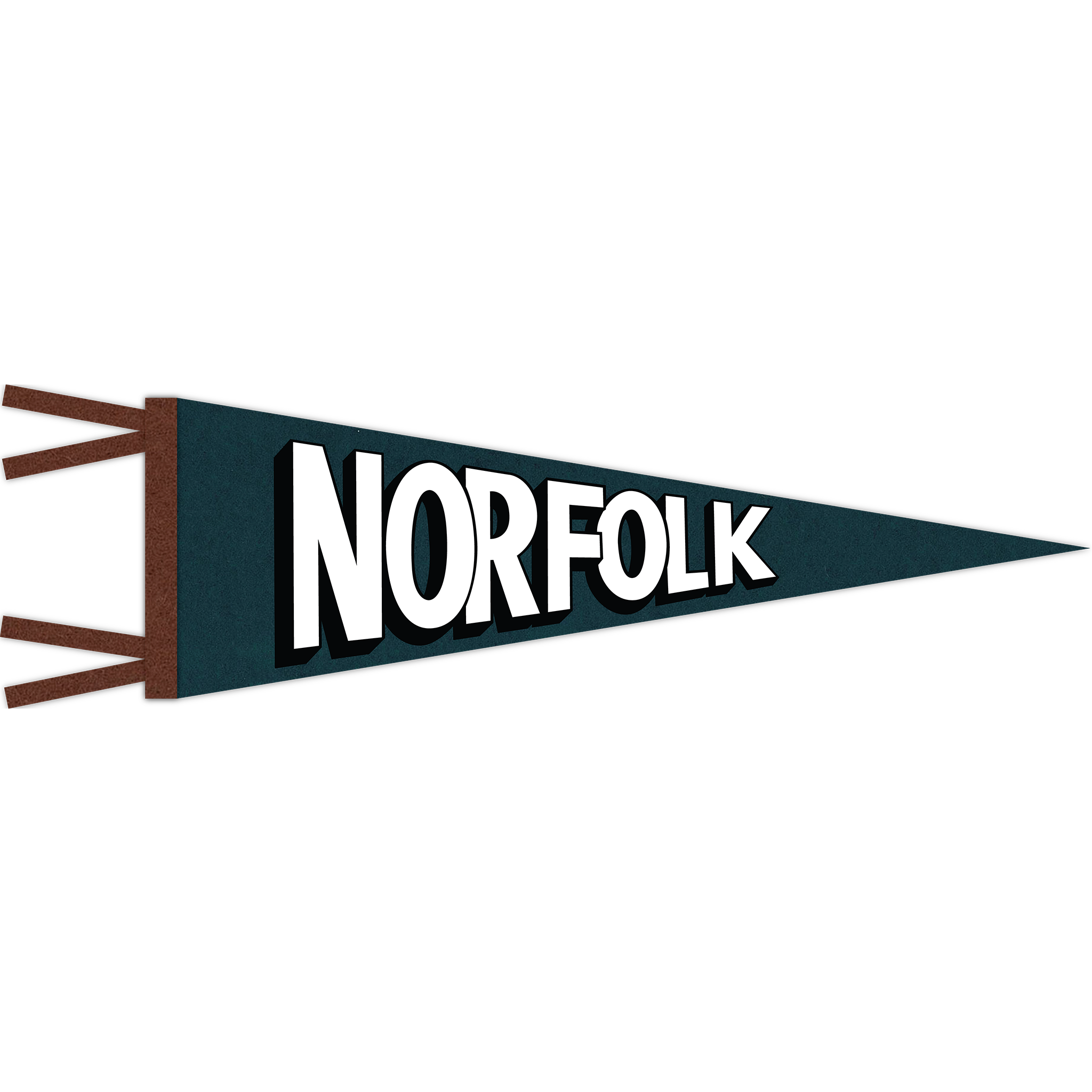 Ragtime blue felt pennant with Oakwood brown trim and black & white "Norfolk" print.