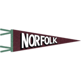 Victorian rose-colored felt pennant with blue spruce trim and black & white "Norfolk" print.