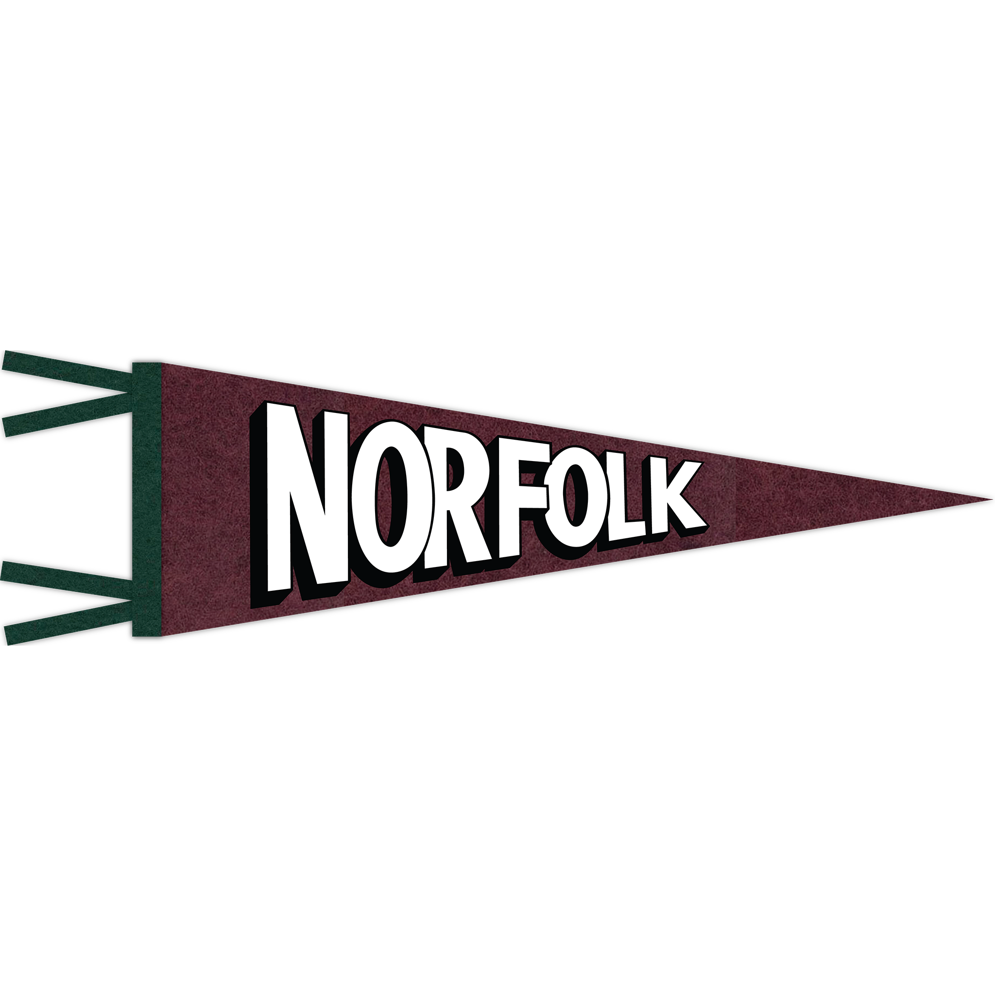 Victorian rose-colored felt pennant with evergreen trim and black & white "Norfolk" print.