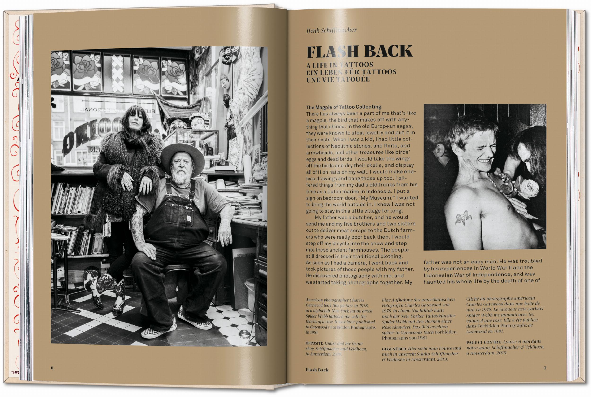Double-page spread with photographs, showing an article titled "Flash Back: A Life In Tattoos".