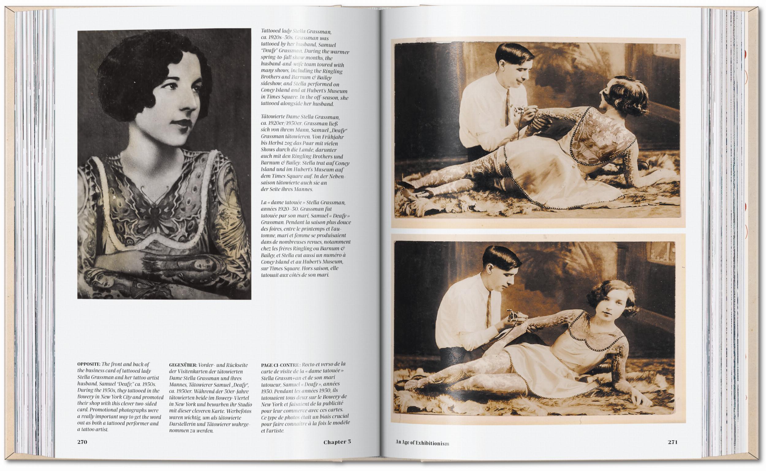 Double-page spread with text and several vintage photographs of tattooed lady Stella Grassman.