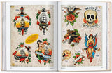 Double-page spread of hand-drawn colorful tattoo flash featuring ships, a mermaid, skulls, eagle, and horses.