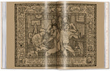 Double-page spread of an illustration in black ink of men getting tattooed, and a border filled with tattoo flash drawings.