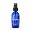 Blue spray bottle with a label on a white background