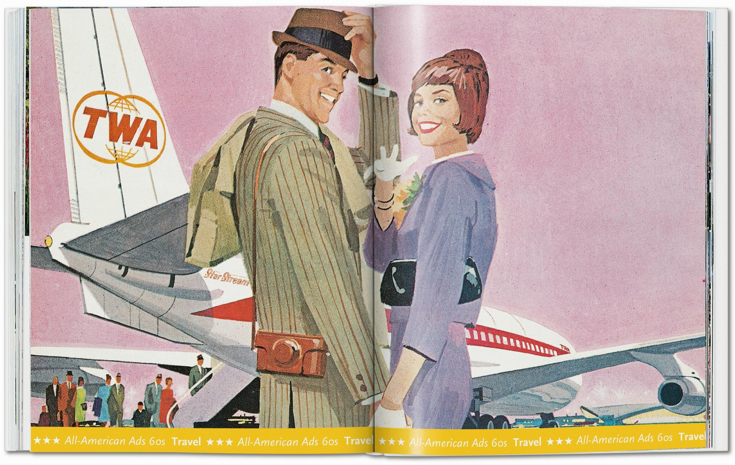 Double-page spread featuring a TWA advertisement from the 1960s.