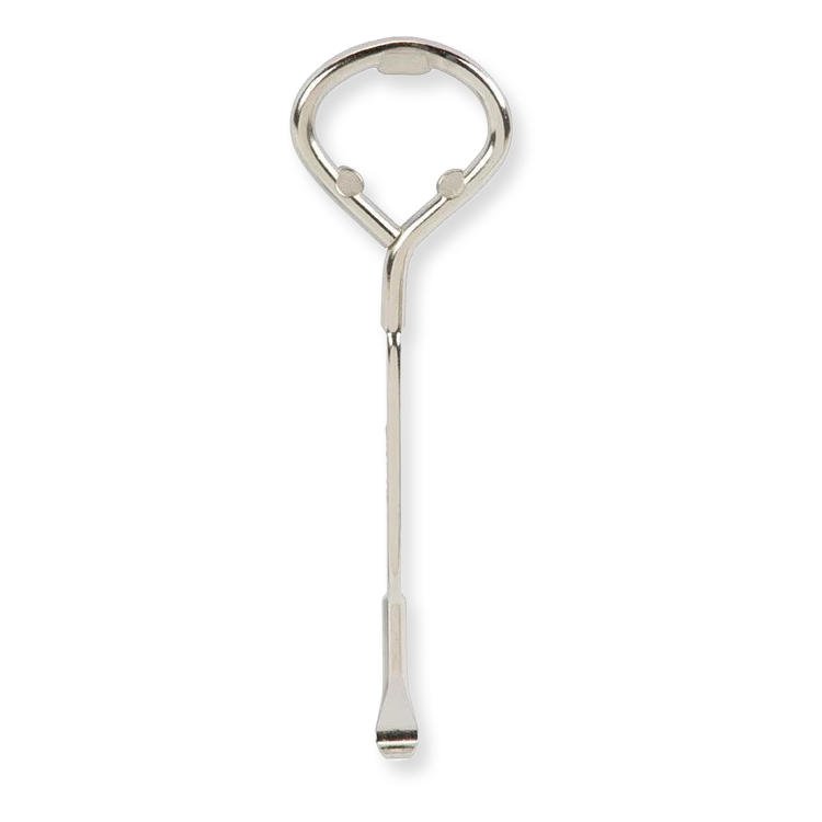 Silver paint can opener tool on a white background