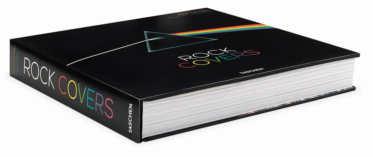 A book called 'Rock Covers' is shown at an angle, so the thickness of the book is visibile.