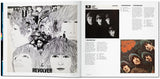 Double page spread with text and several images reproducing albums by The Beatles.