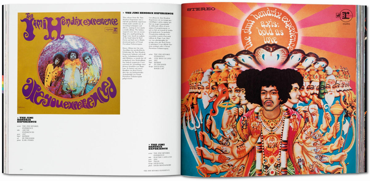A double-page spread with text and images of albums by The Jimi Hendrix Experience.