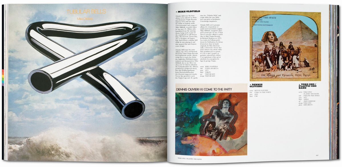 A double-page spread with text and several images of albums by different artists.